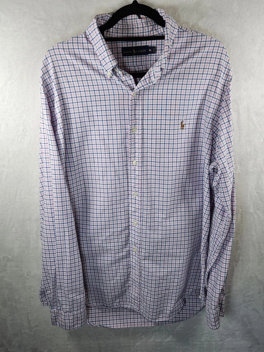 Ralph Lauren Button-Down Shirt 100% Cotton Pink Navy Blue Plaid Men's Size XL